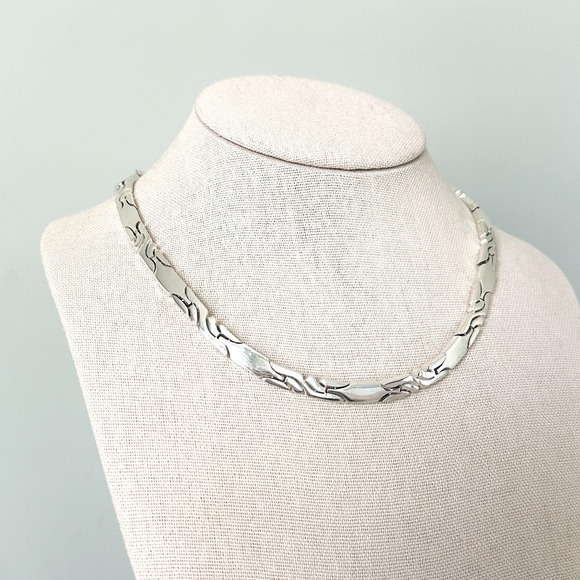 Vintage CII Mexico 925 Sterling Silver Heavy Bar Pattern Link Collar Necklace - Picture 5 of 12